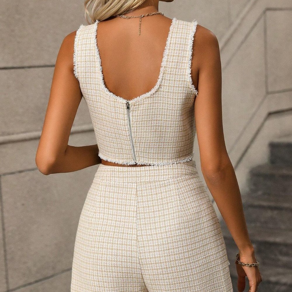 White Boho Womens Plaid Print Raw Trim Tweed Tank Top & Shorts - Picture 3 of 5